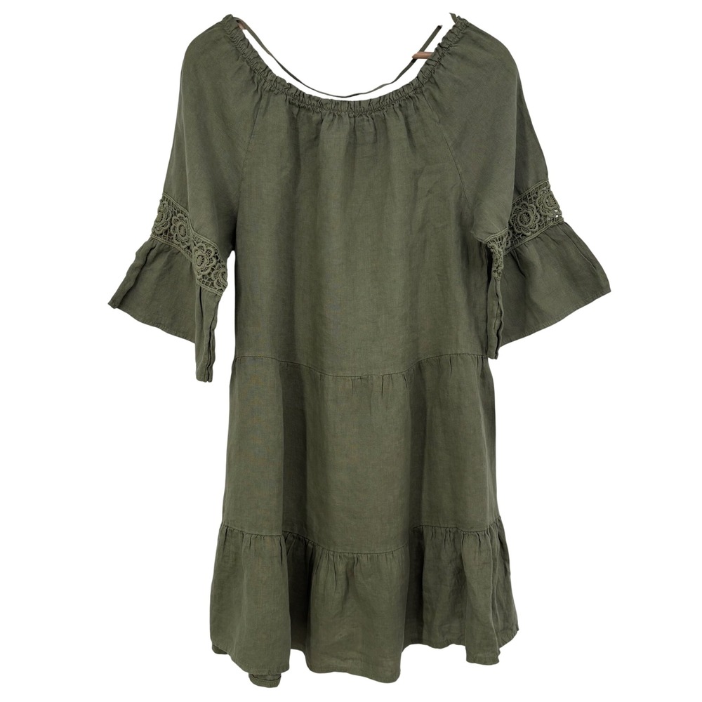 Terzo Millennio Italy Olive Green 100% Linen Tiered Lace Bell Sleeve Dress L